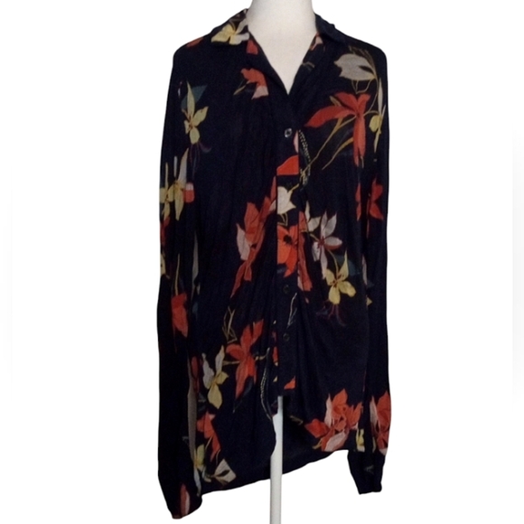 Soma Floral Navy Blue Button Semi Ruched Front Long Sleeve Blouse Cover Up Small - Picture 1 of 7